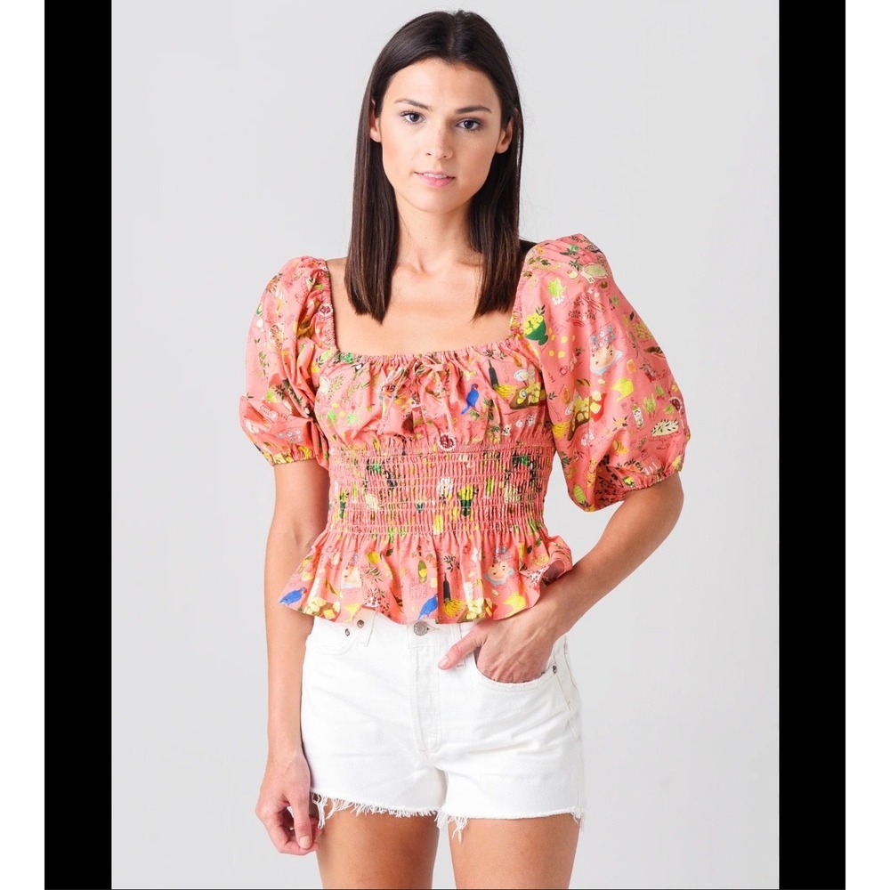Rhode Jodie Top Picnic Pink Smocked Puff Sleeve Peplum Blouse Womens Medium NWT
